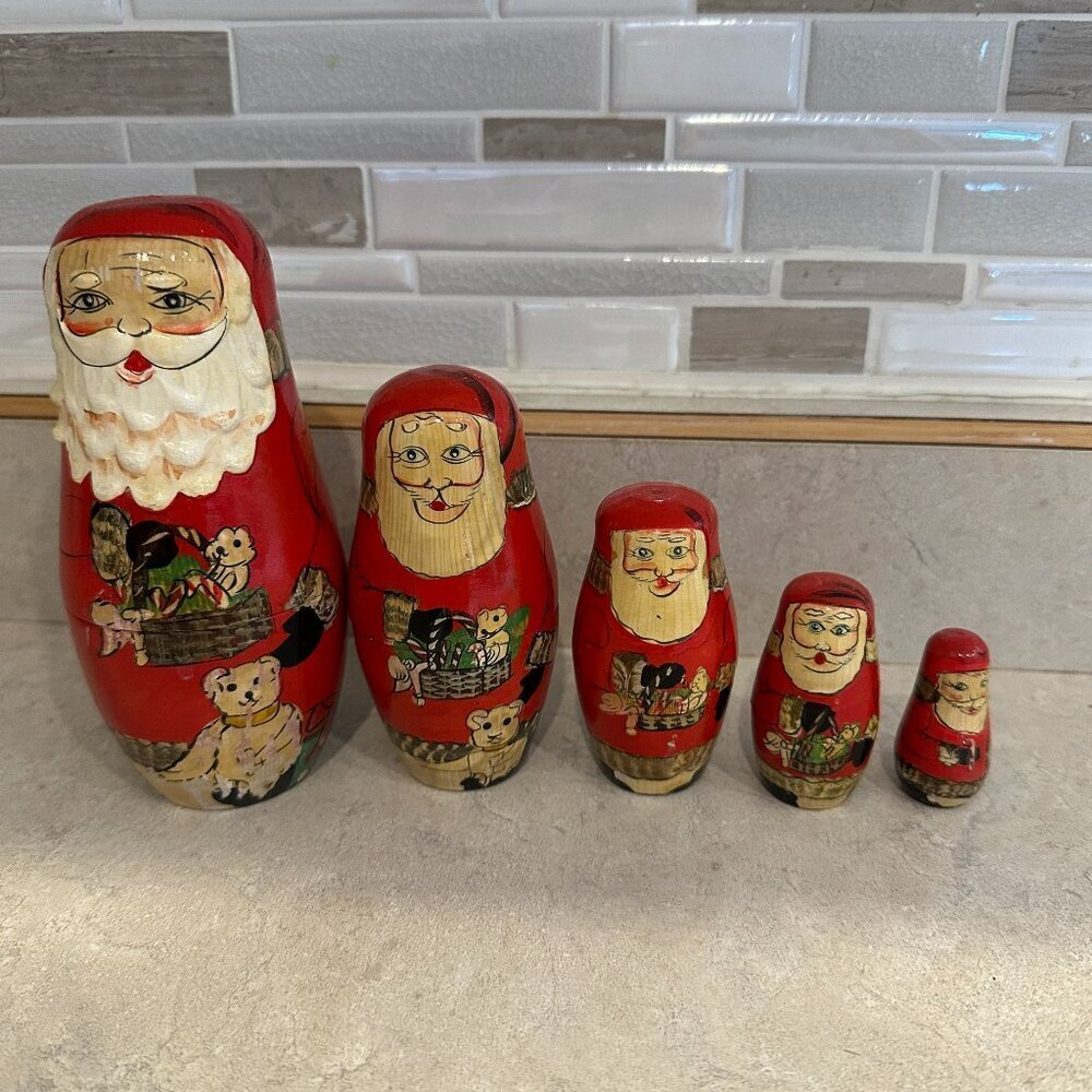 Vintage Russian 5 Wood Nestling Santa Clause Wooden Nesting Dolls